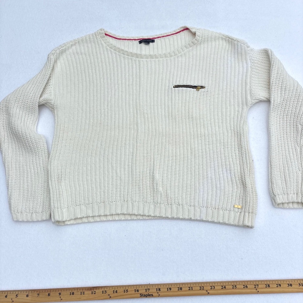 Tommy Hilfiger Cream Shaker Stitch Cropped Sweater Gold Zipper Detail Womens Lg